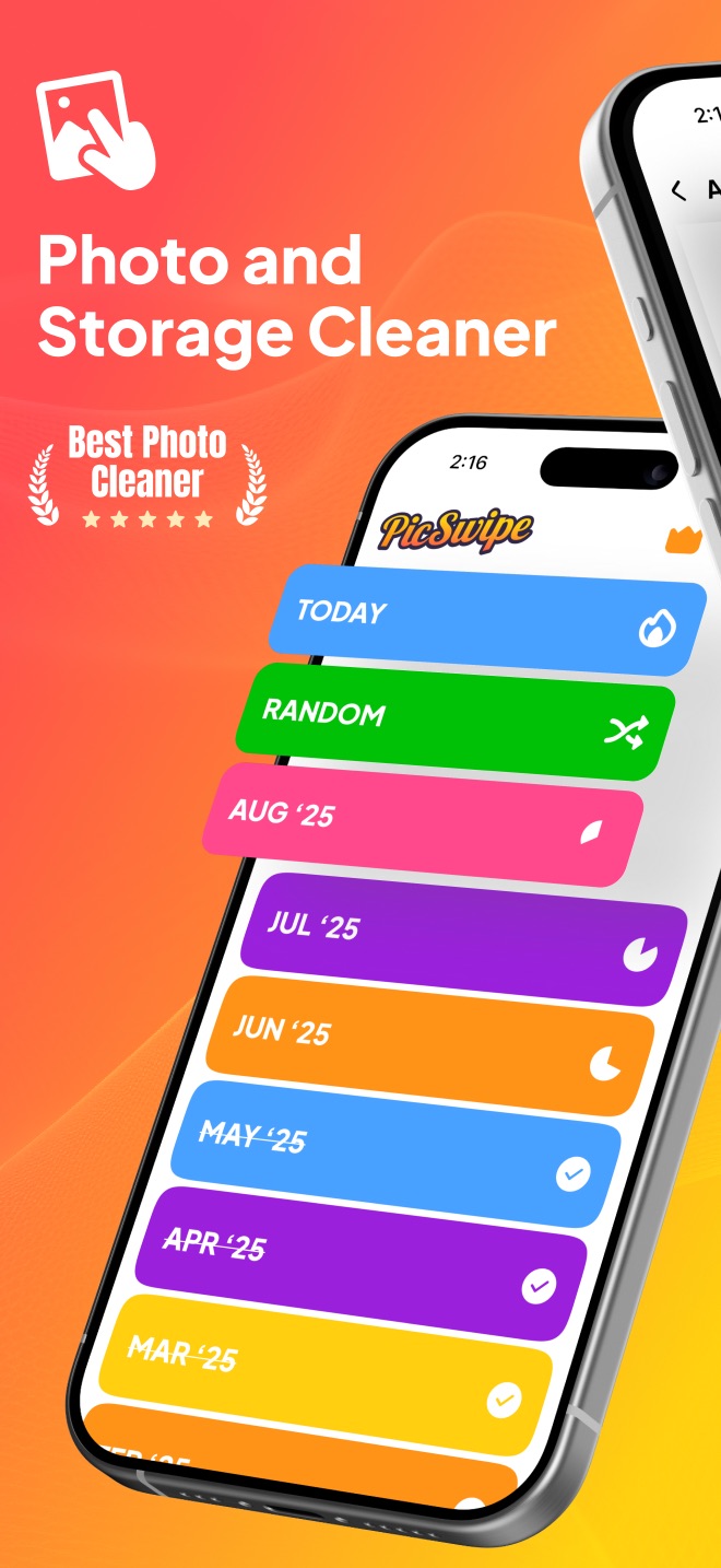 PicSwipe home screen with photos organized by month and year