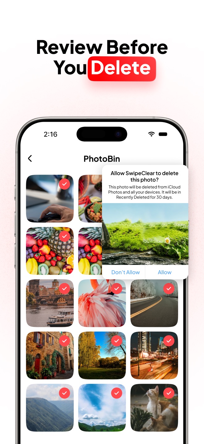PhotoBin screen for reviewing photos before permanent deletion