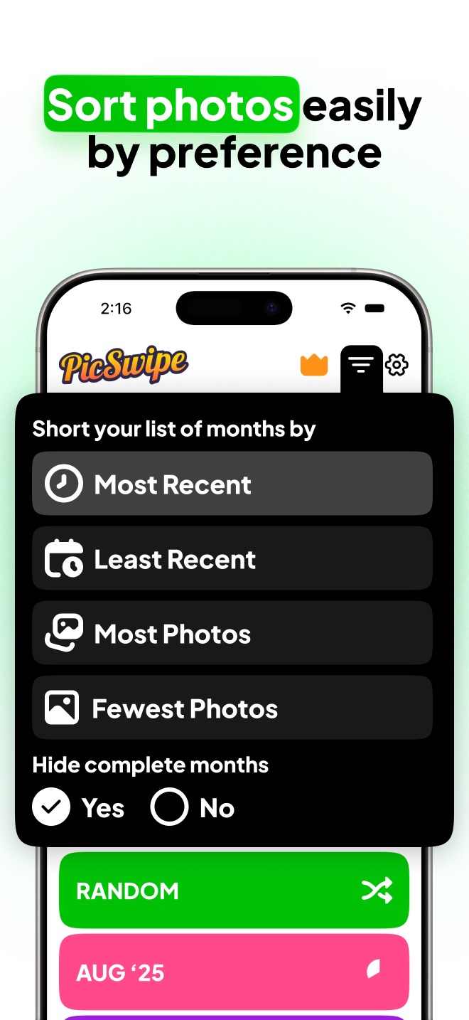 Sorting options for photo months in PicSwipe